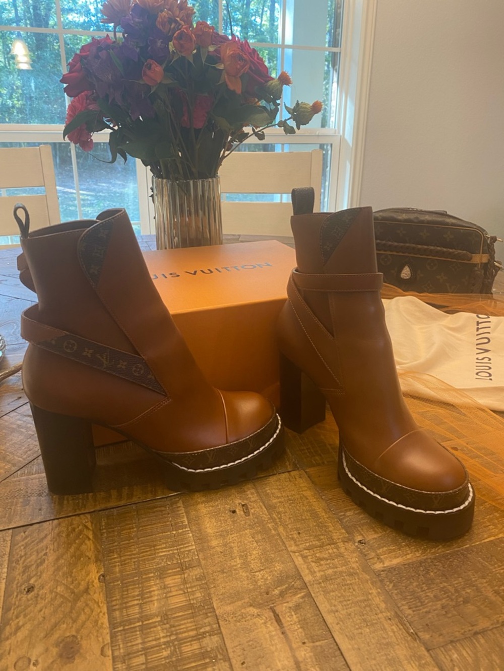 Louis Vuitton Brown Leather Platform Ankle Boots with Monogram Strap